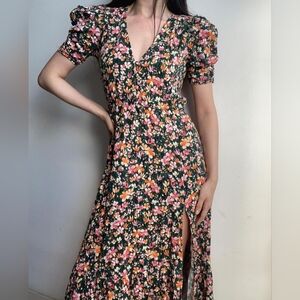 Zara Green Puff Sleeve V-Neck Maxi Dress